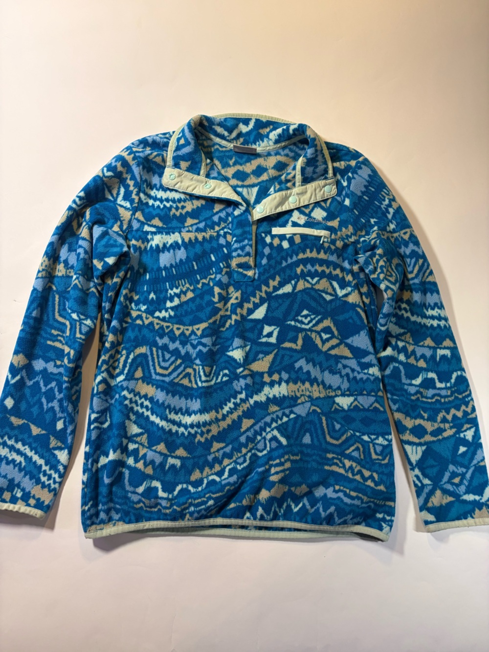 Blue Geometric Snap-Placket Fleece Pullover
